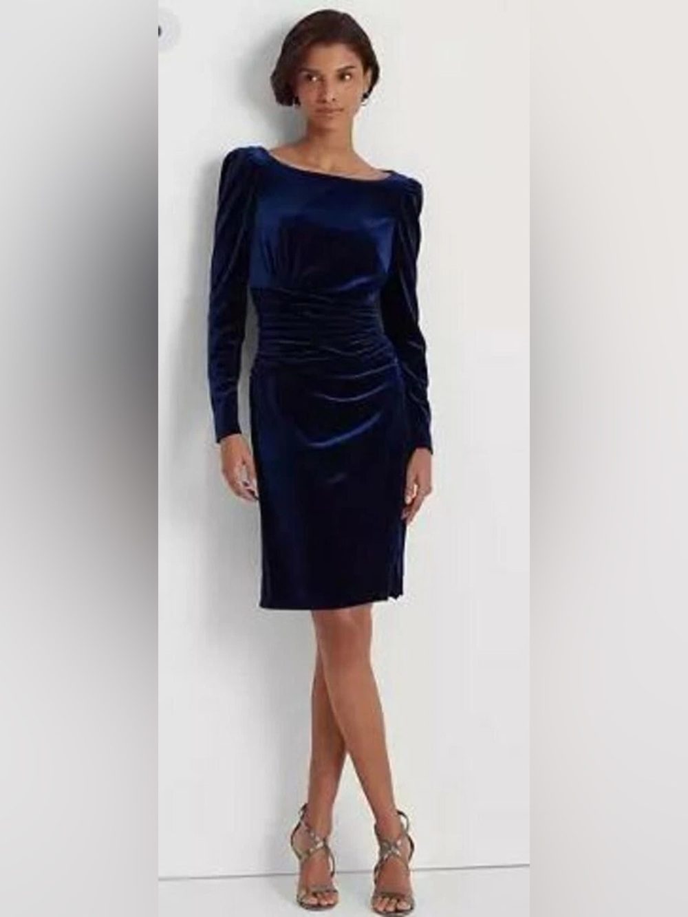 NWT LRL Navy Velvet Long-Sleeve Ruched Evening Sheath Dress (10)